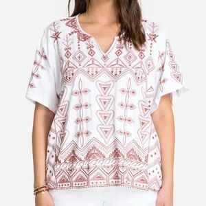 JOHNNY WAS Eyal Embroidered Blouse Top Tee White & Brown Size 2X Oversized